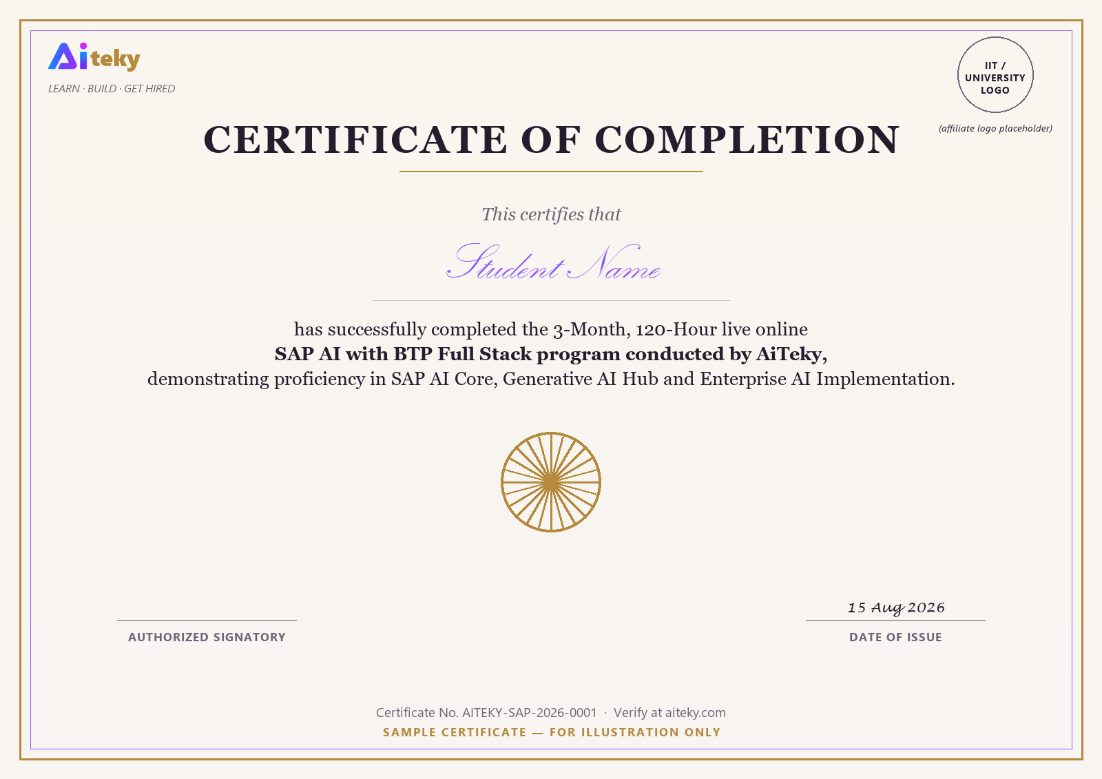 Sample AiTeky certificate of completion for the SAP AI with BTP Full Stack course