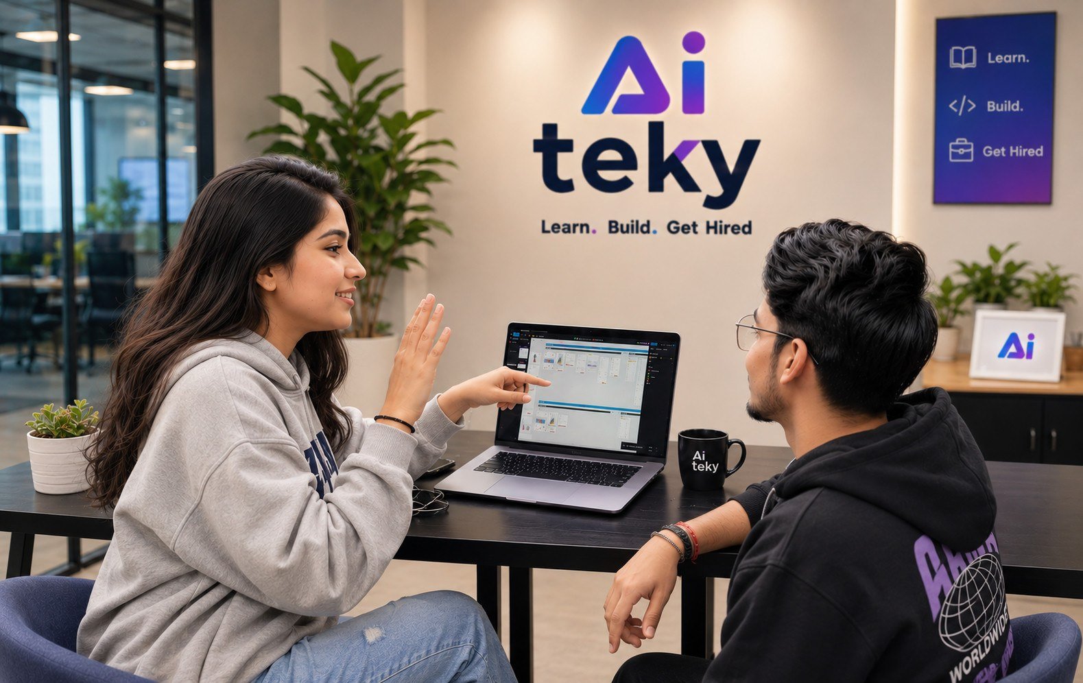 Two AiTeky learners collaborating over a laptop in the AiTeky office, the kind of drive that earns an internship opportunity